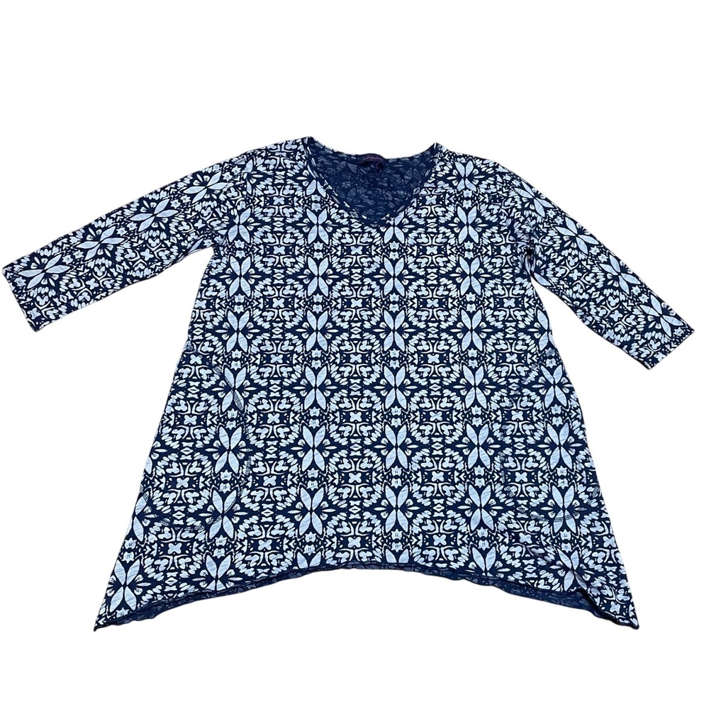 Fresh Produce Women's Lg Blue White Cotton Artsy Sharkbite Tunic Top Pockets USA